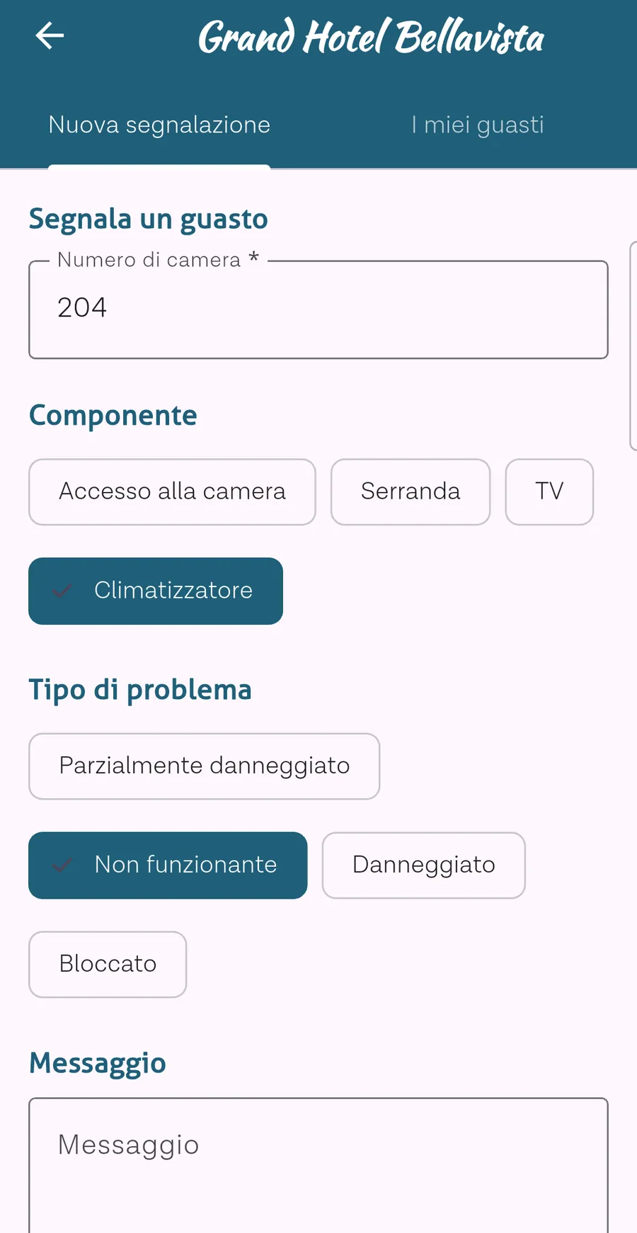 Schermata per segnalare un guasto: scelta del tipo di problema e descrizione.